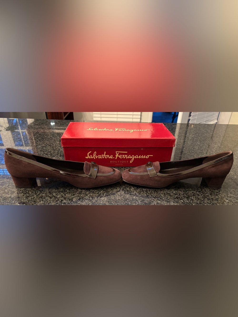 Salvatore Ferragamo Espresso Suede Loafers with Patent Leather Accents